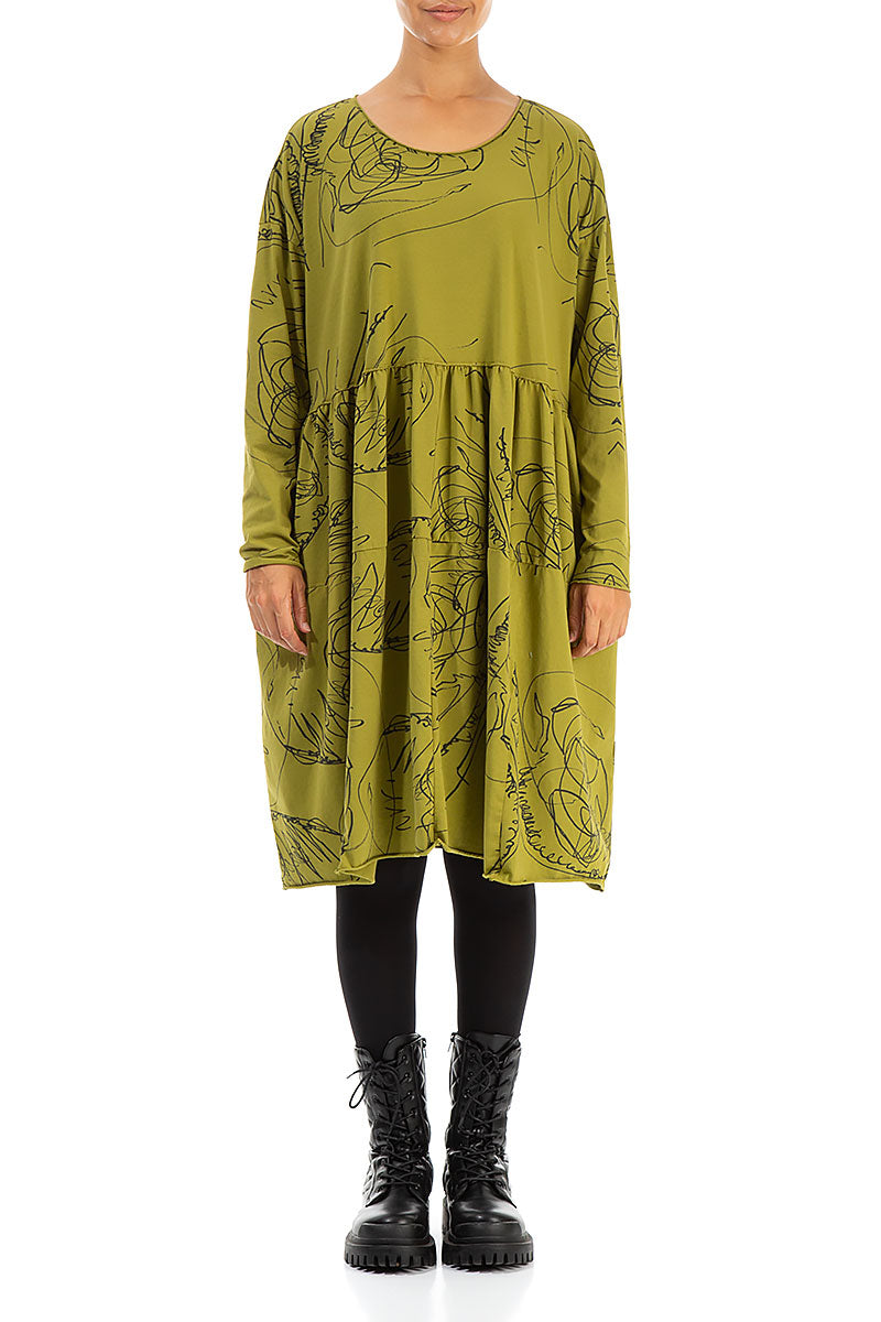 Flared Golden Lime Abstract Draw Cotton Dress
