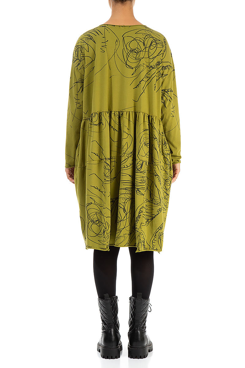 Flared Golden Lime Abstract Draw Cotton Dress