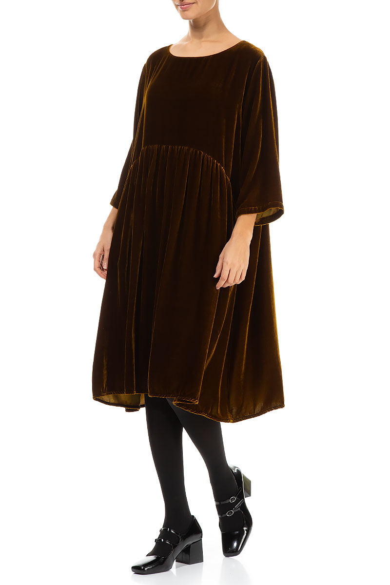 Flared Golden Olive Silk Velvet Dress