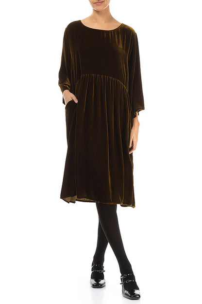 Flared Golden Sage Silk Velvet Dress