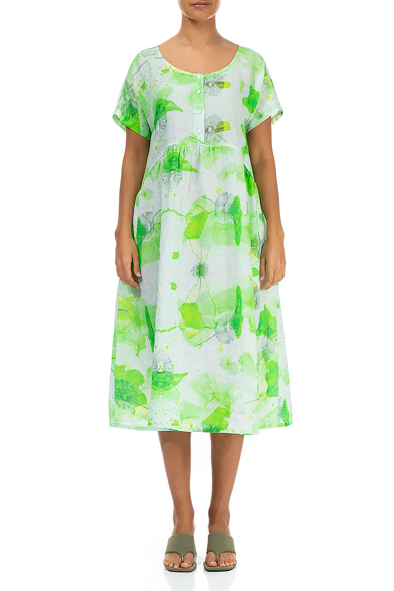 Flared Greenery Linen Dress