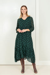 Flared Hem Peacock Dotty Silk Dress 1