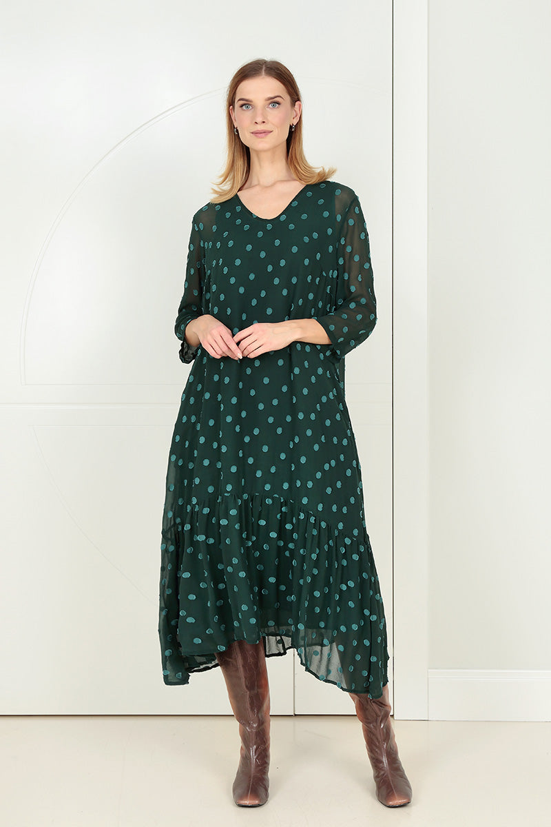 Flared Hem Peacock Dotty Silk Dress 1