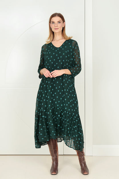 Flared Hem Peacock Dotty Silk Dress 1