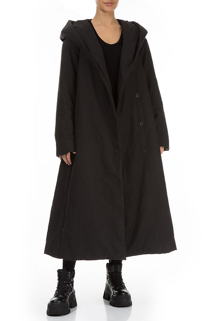 Flared Hooded Black Cotton Coat