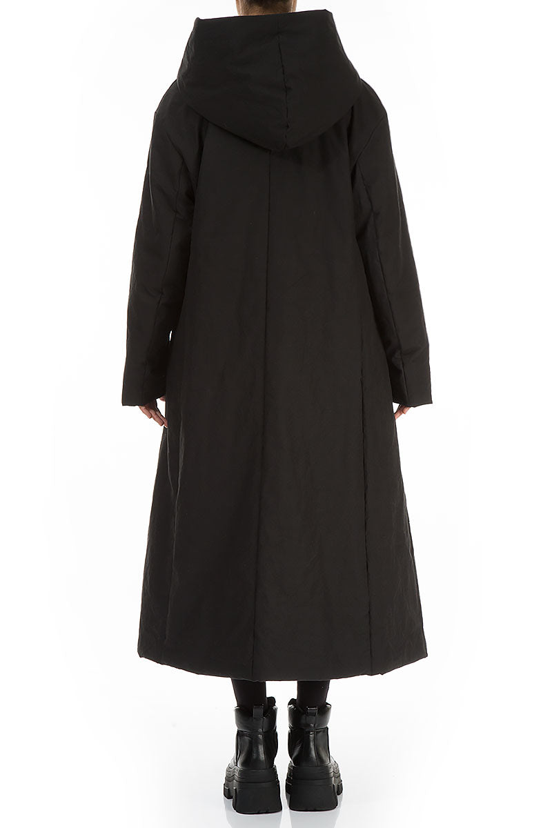 Flared Hooded Black Cotton Coat