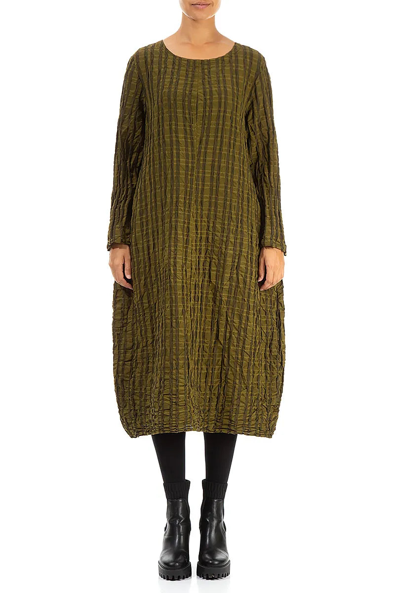 Flared Khaki Checkered Linen Cotton Dress 1