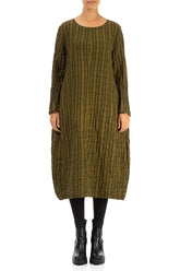 Flared Khaki Checkered Linen Cotton Dress 1