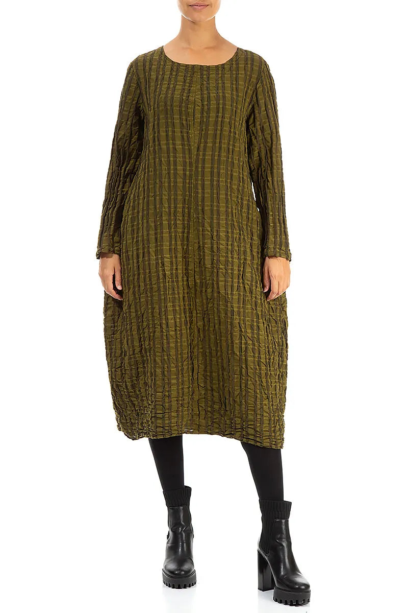 Flared Khaki Checkered Linen Cotton Dress 4