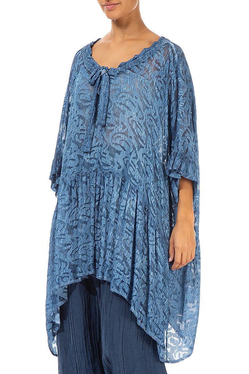 Flared Light Denim Textured Silk Rayon Blouse