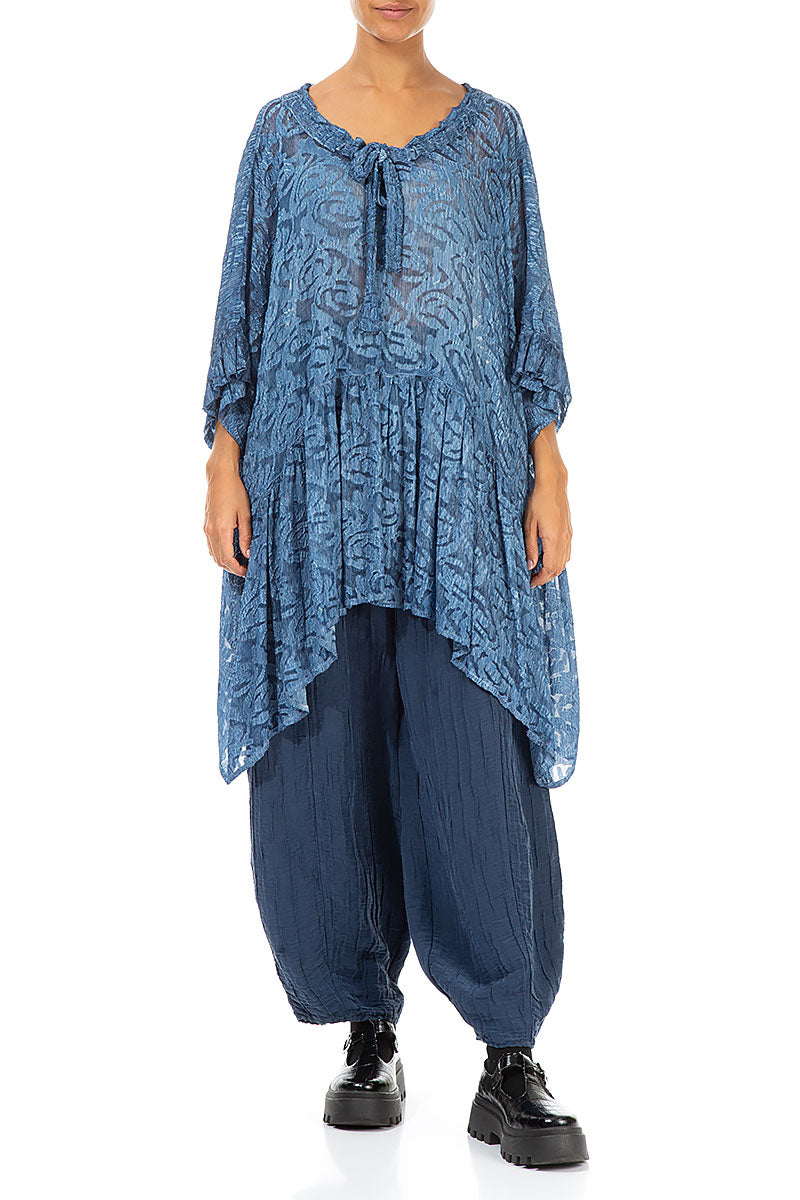 Flared Light Denim Textured Silk Rayon Blouse