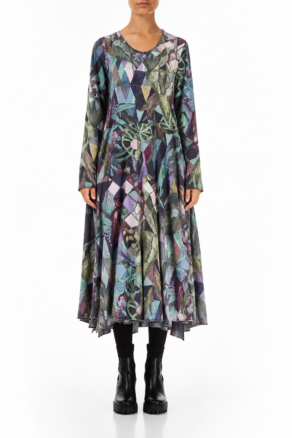 Flared Maxi Art Mosaic Cotton Dress
