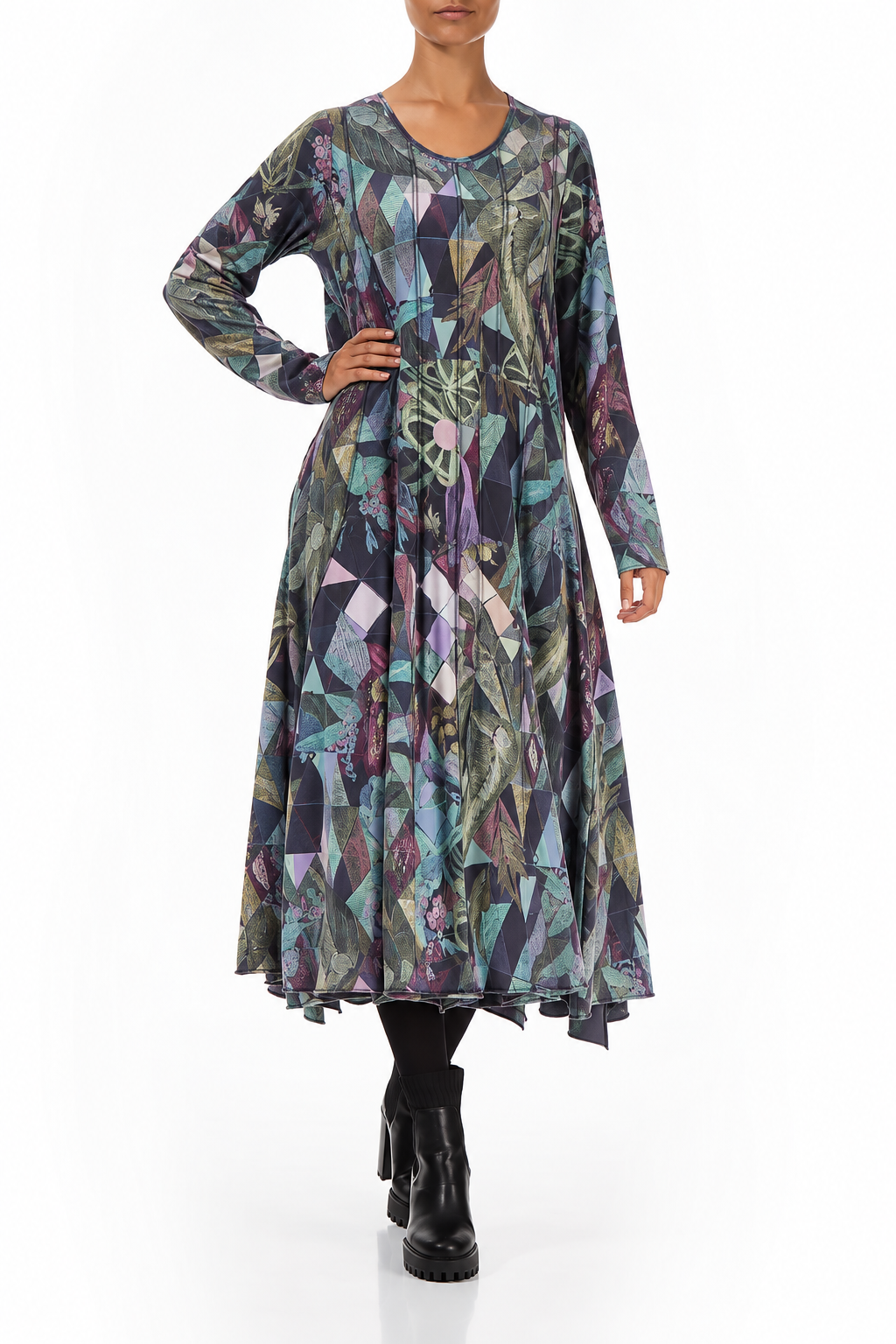Flared Maxi Art Mosaic Cotton Dress