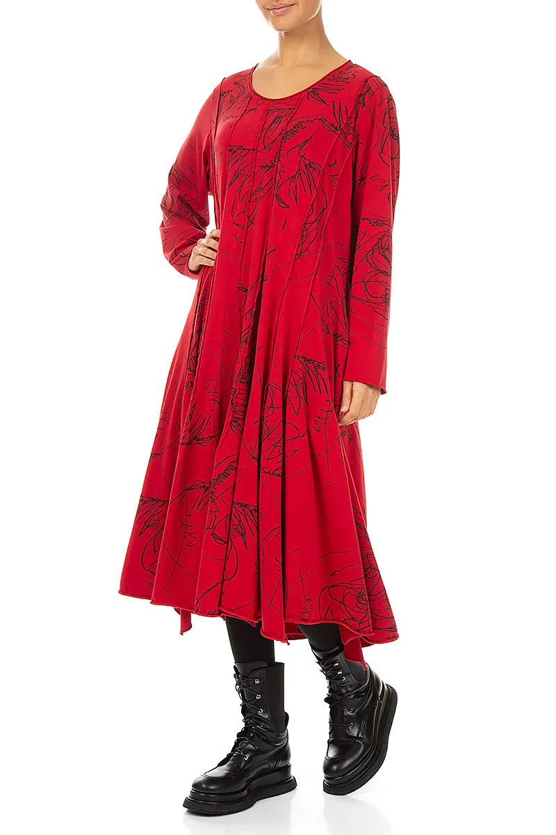 Flared Maxi Cherry Red Abstract Draw Cotton Dress