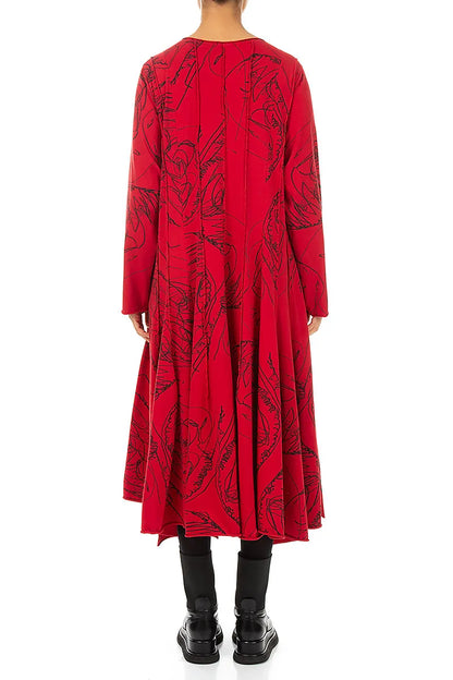 Flared Maxi Cherry Red Abstract Draw Cotton Dress