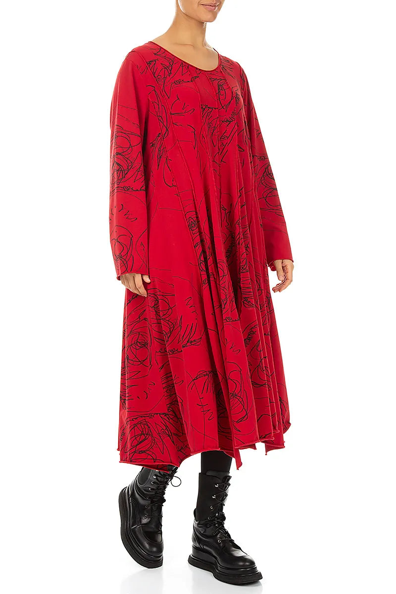 Flared Maxi Cherry Red Abstract Draw Cotton Dress