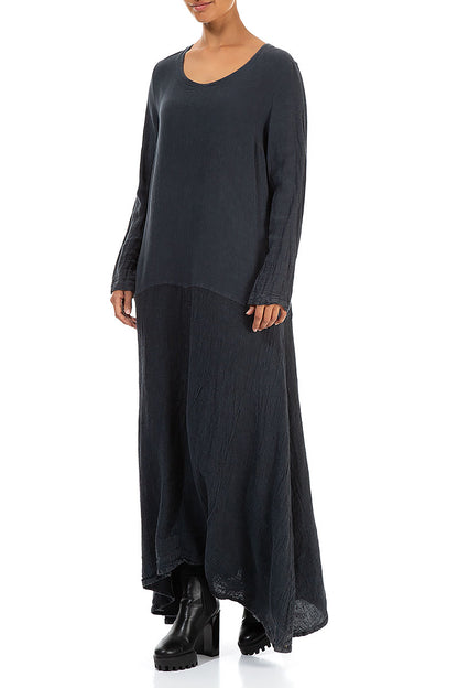 Flared Maxi Two-Tone Charcoal Linen Viscose Dress 3