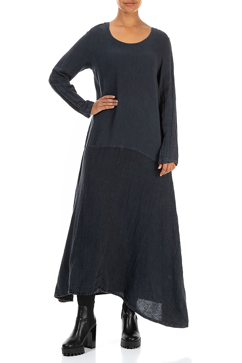 Flared Maxi Two-Tone Charcoal Linen Viscose Dress 4