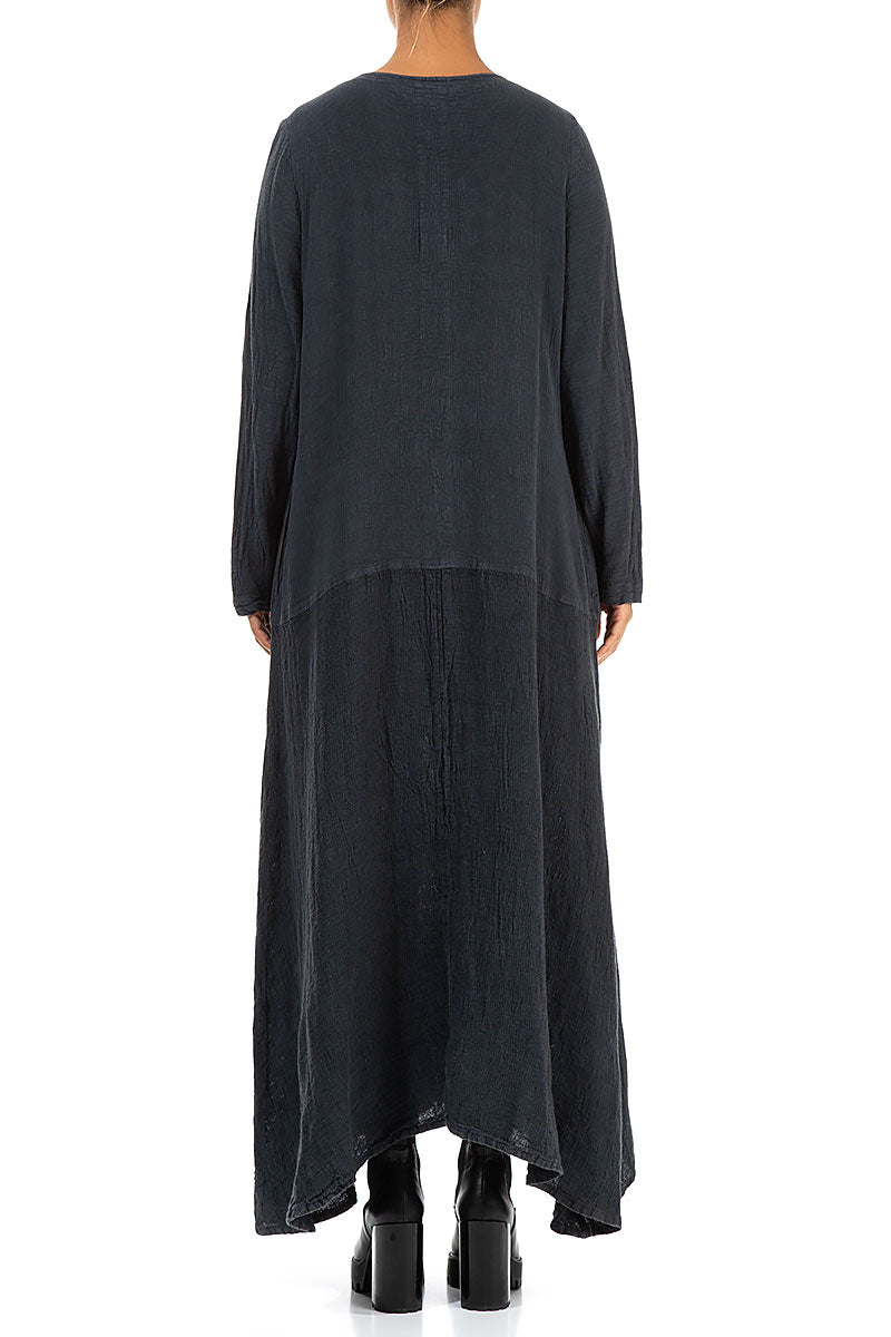 Flared Maxi Two-Tone Charcoal Linen Viscose Dress 2