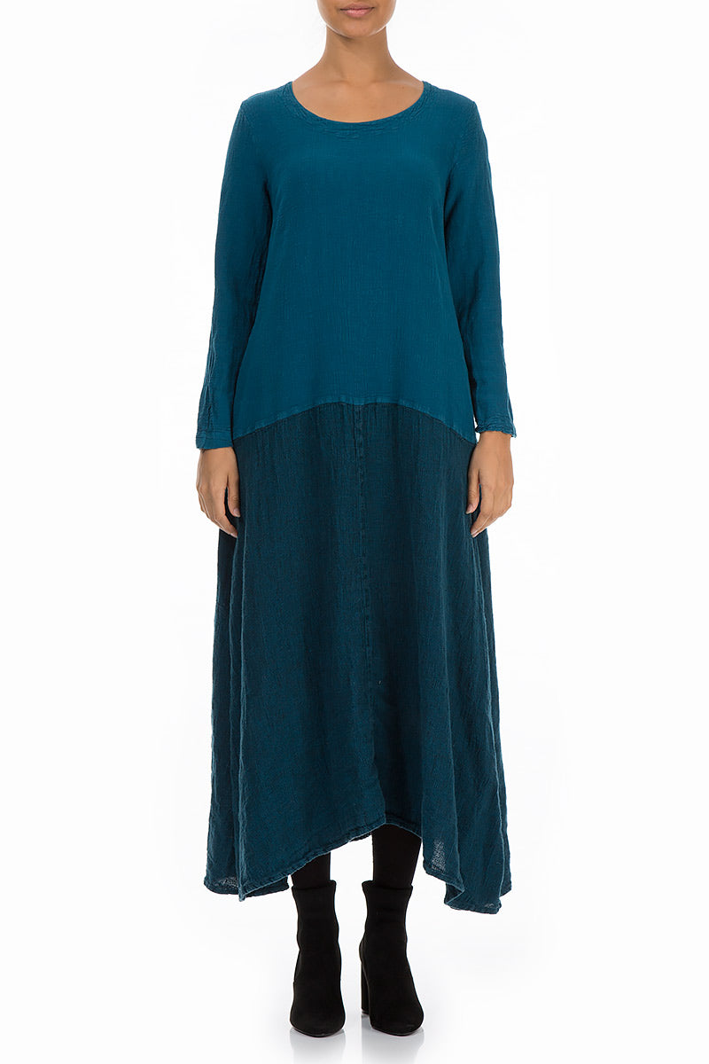 Flared Maxi Two-Tone Turquoise Linen Viscose Dress