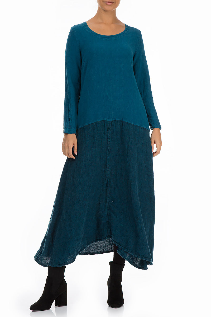 Flared Maxi Two-Tone Turquoise Linen Viscose Dress