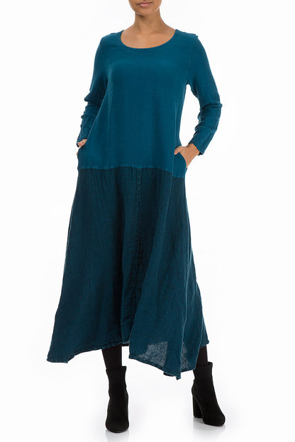 Flared Maxi Two-Tone Turquoise Linen Viscose Dress