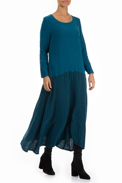 Flared Maxi Two-Tone Turquoise Linen Viscose Dress