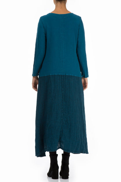 Flared Maxi Two-Tone Turquoise Linen Viscose Dress