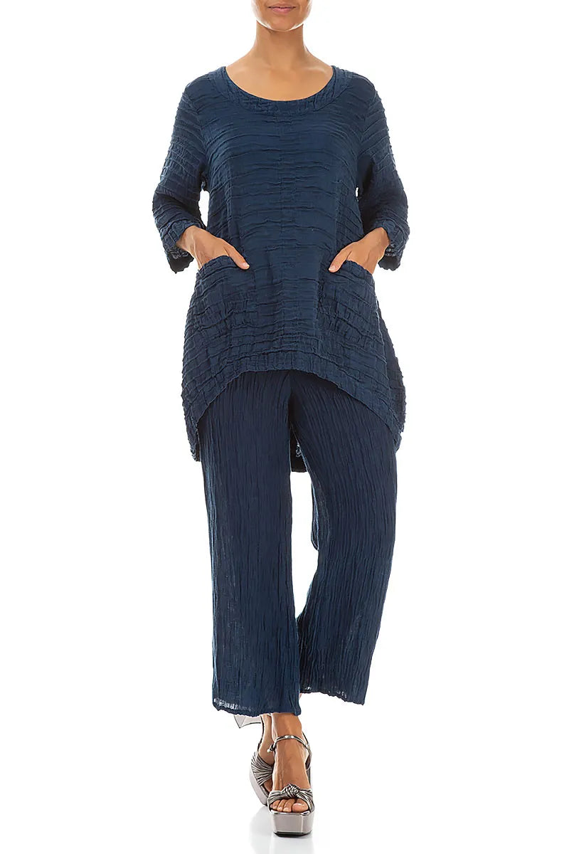 Flared Navy Crinkled Silk Trousers