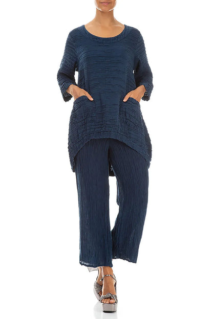 Flared Navy Crinkled Silk Trousers