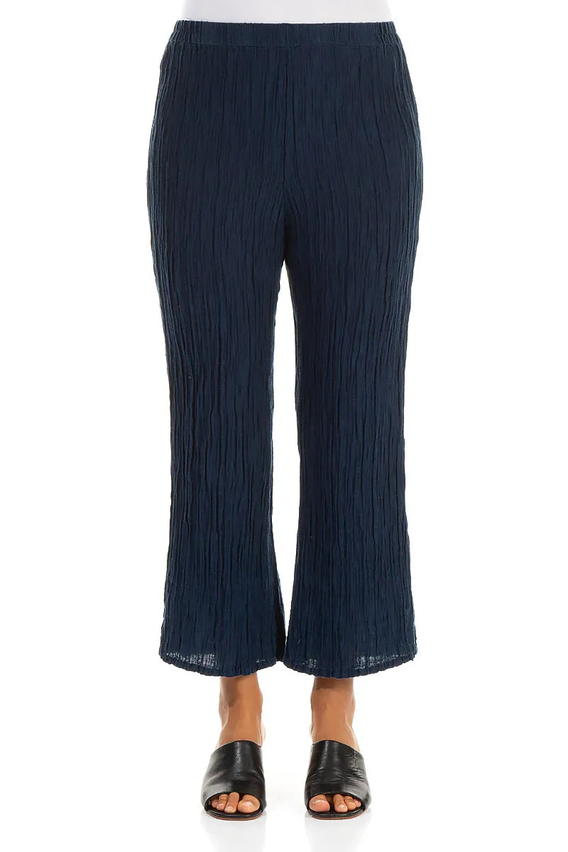 Flared Navy Crinkled Silk Trousers