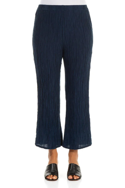 Flared Navy Crinkled Silk Trousers