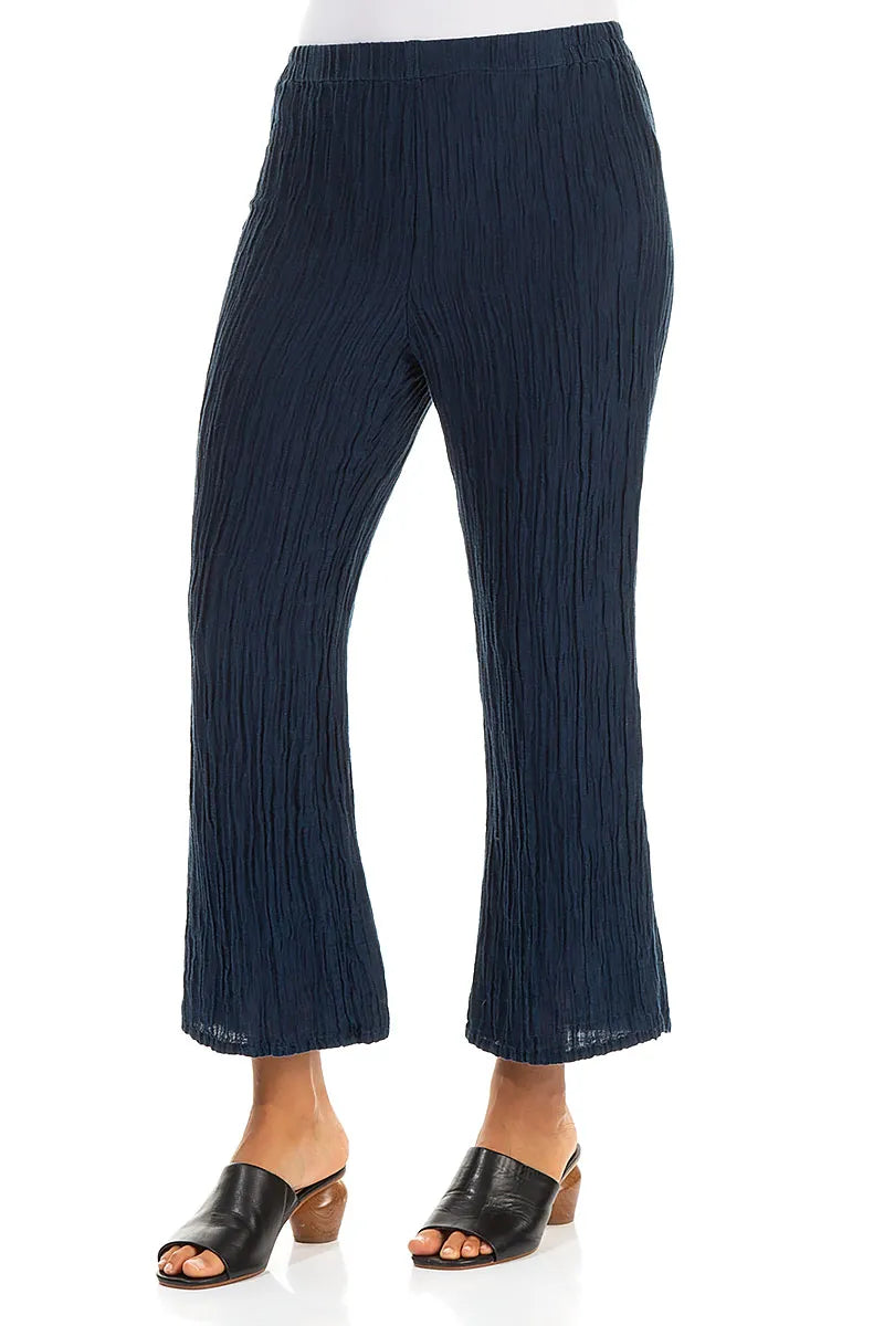 Flared Navy Crinkled Silk Trousers