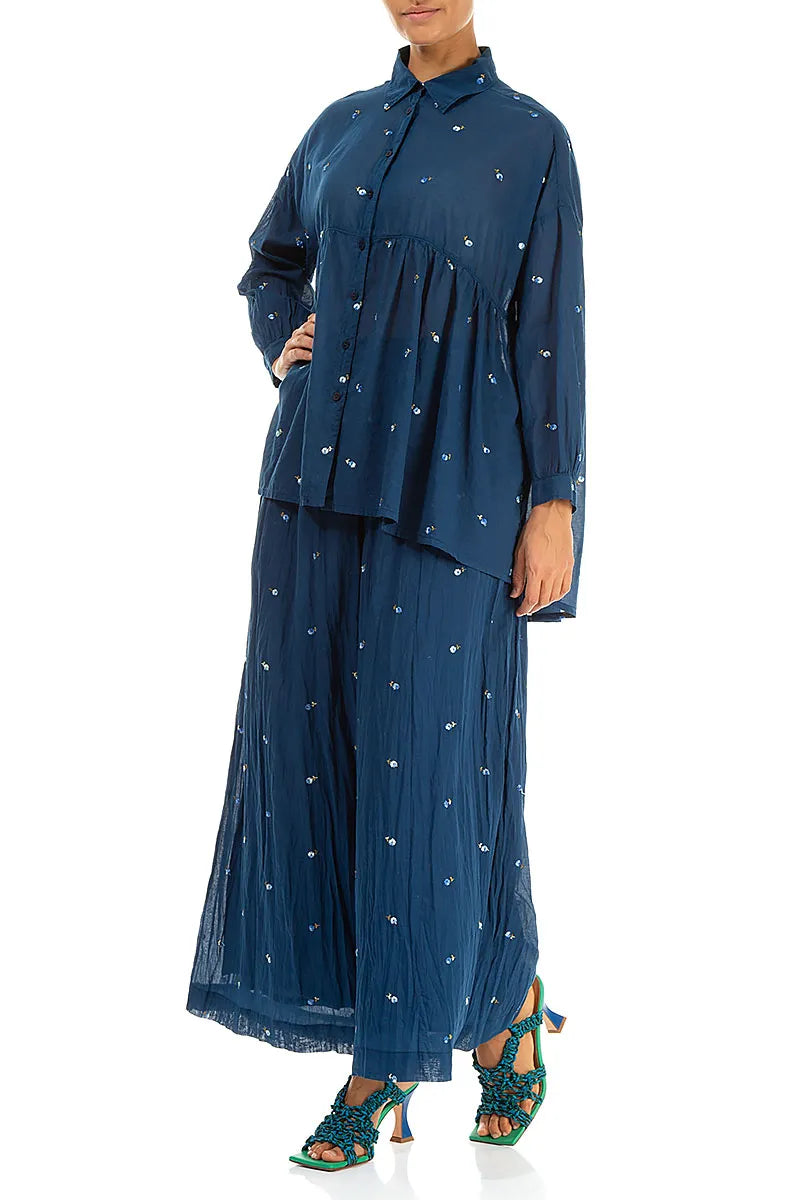 Flared Navy Embroidered Petals Cotton Shirt 4