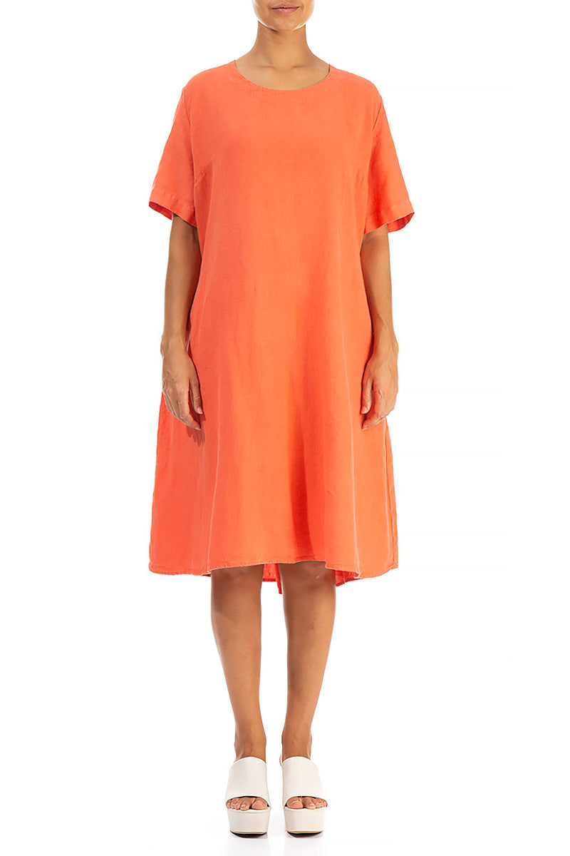 Flared New Orange Linen Dress