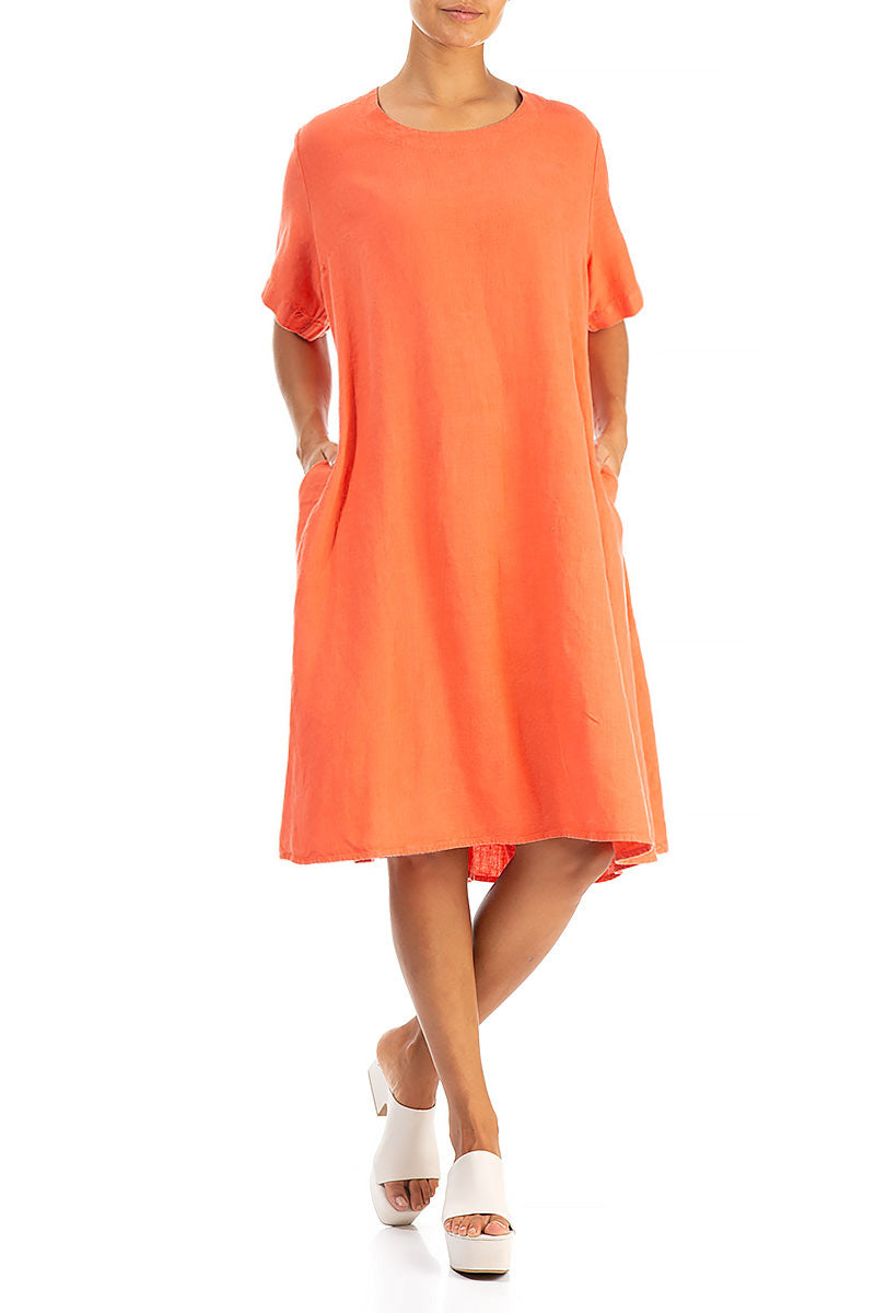 Flared New Orange Linen Dress 4