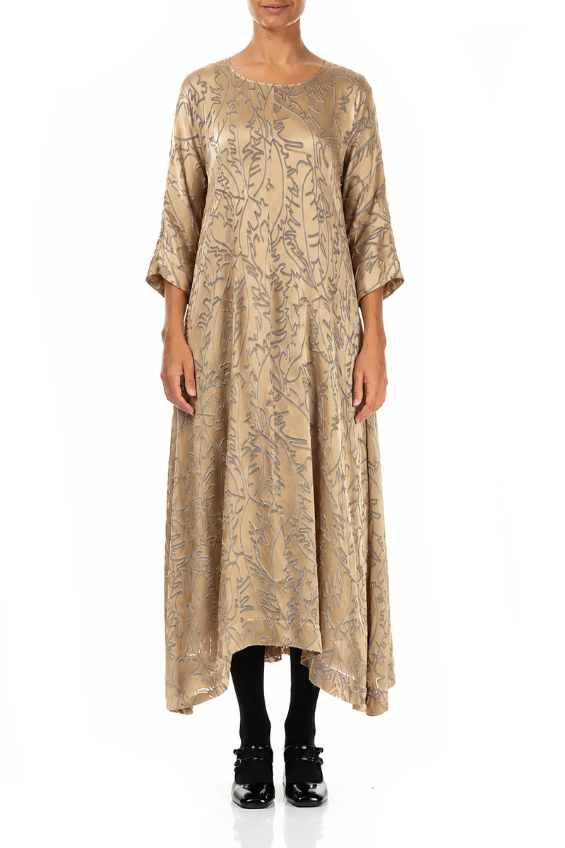 Flared Olive Devoré Feather Silk Dress 1