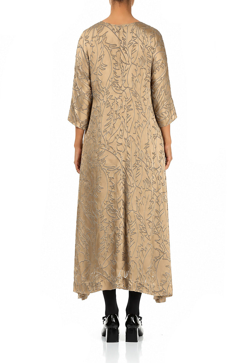 Flared Olive Devoré Feather Silk Dress 2