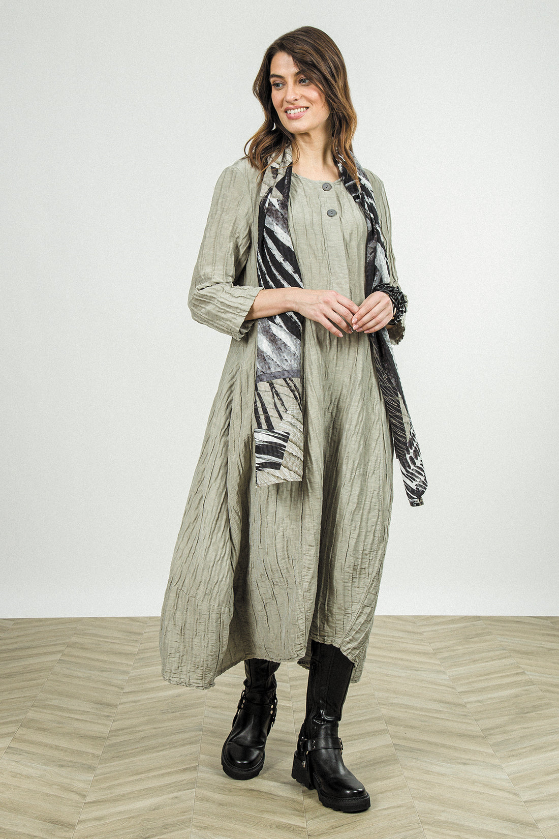 Flared Olive Grey Crinkled Silk Linen Dress 1