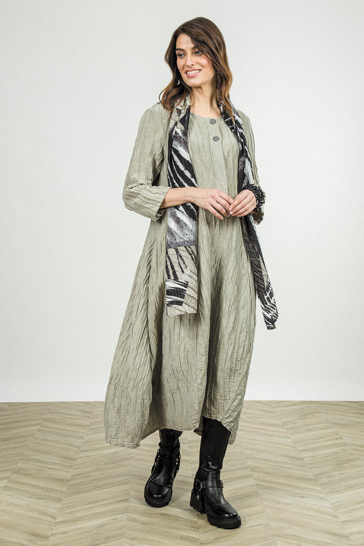Flared Olive Grey Crinkled Silk Linen Dress 1