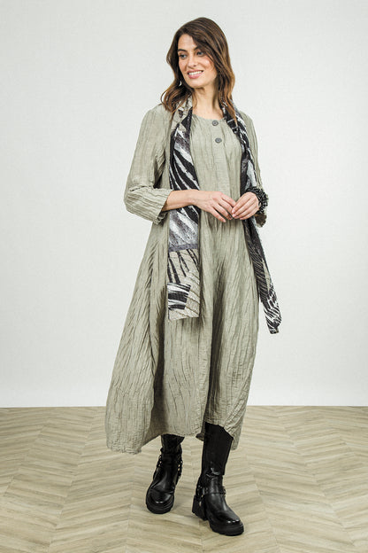 Flared Olive Grey Crinkled Silk Linen Dress 1