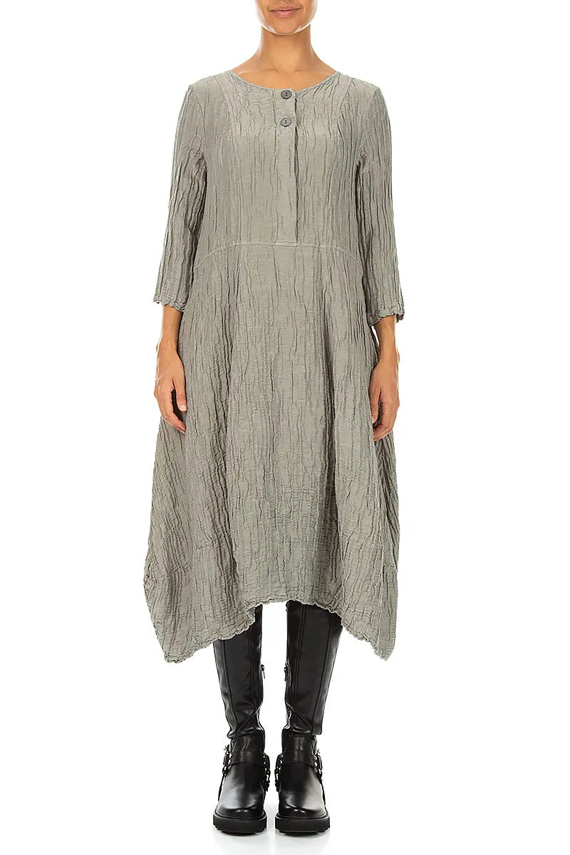 Flared Olive Grey Crinkled Silk Linen Dress