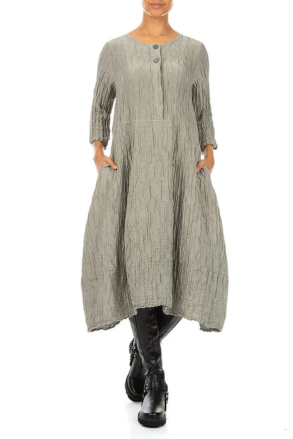 Flared Olive Grey Crinkled Silk Linen Dress
