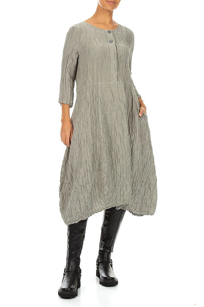 Flared Olive Grey Crinkled Silk Linen Dress