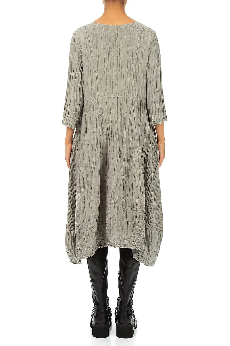 Flared Olive Grey Crinkled Silk Linen Dress