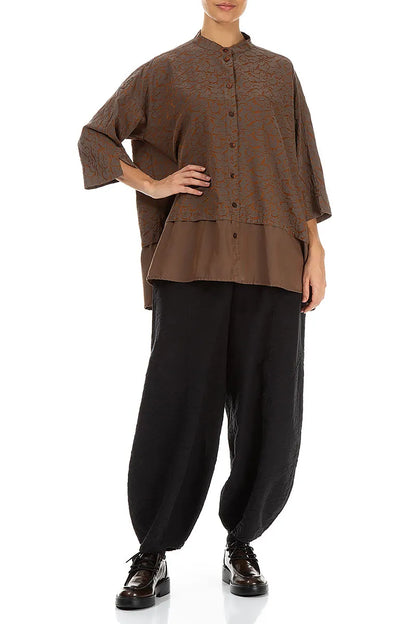 Flared Ornamented Aged Copper Silk Cotton Shirt 4
