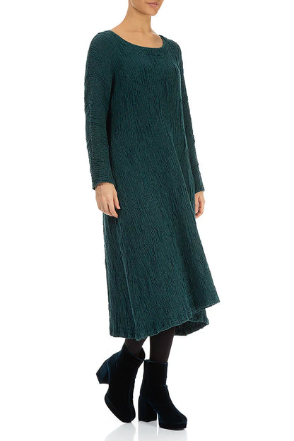 Flared Peacock Textured Silk Linen Dress 3