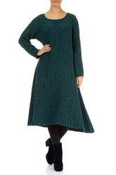 Flared Peacock Textured Silk Linen Dress 4