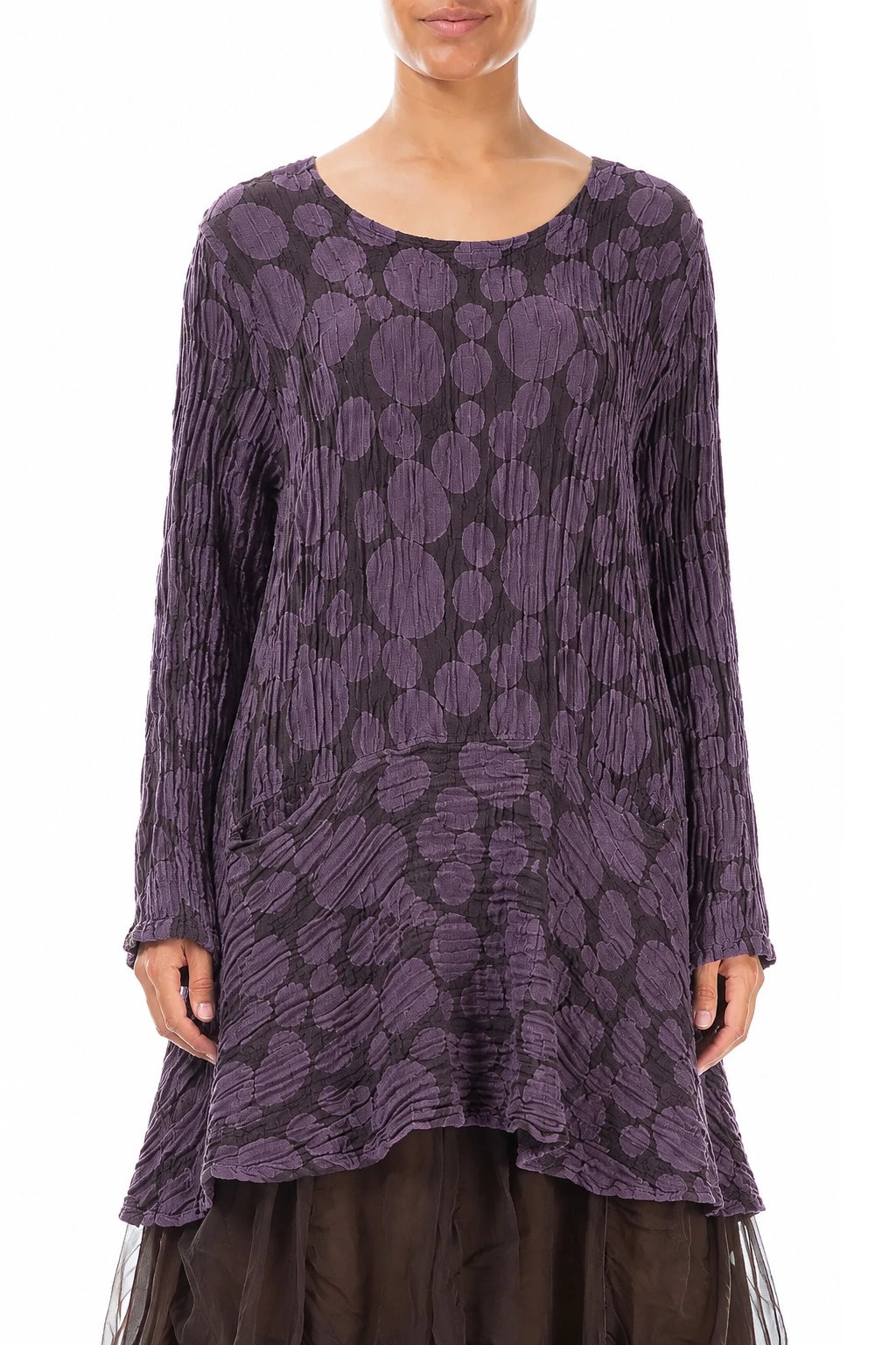 Flared Pockets Crinkled Deep Plum Circle Silk Linen Tunic 1