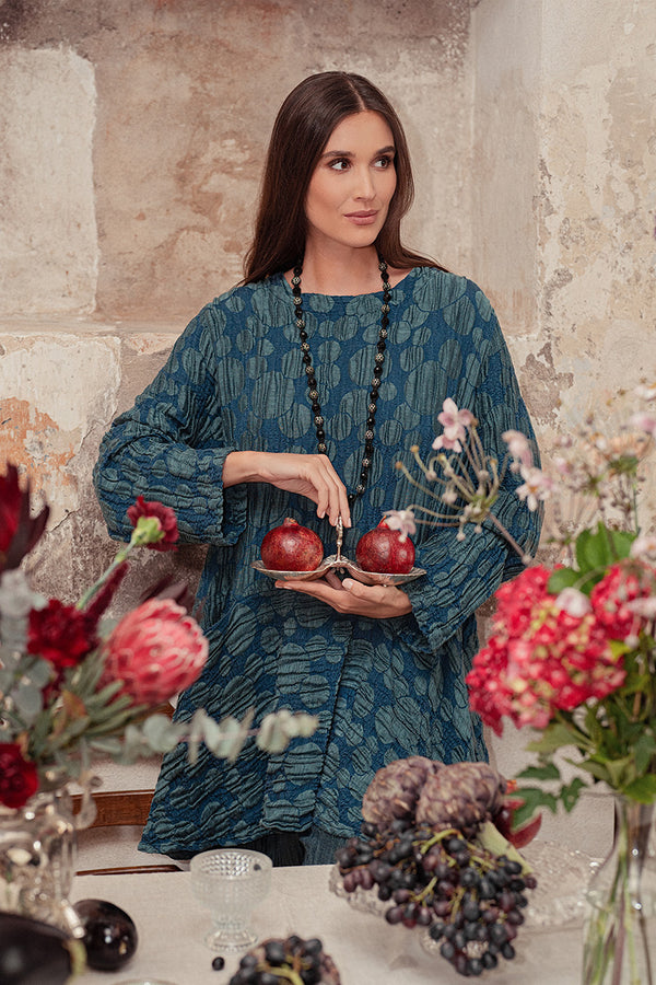 Flared Pockets Crinkled Deep Turquoise Circle Silk Linen Tunic